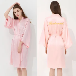 Modest Simple Candy Pink Wedding Bridal Bridesmaid V Neck 3 4 Sleeve Silk Robes 2020 Embroidered Sash