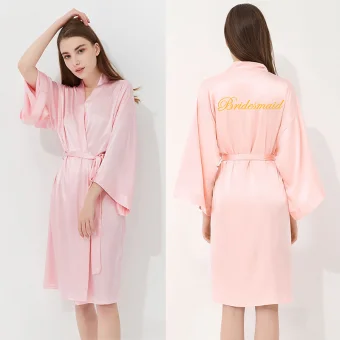 Modest Simple Candy Pink Wedding Bridal Bridesmaid V Neck 3 4 Sleeve Silk Robes 2020 Embroidered Sash