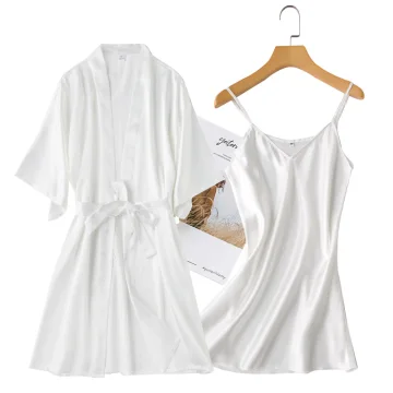 Affordable White Wedding Bridal Bridesmaid V Neck 3 4 Sleeve Silk Robes 2020 Sash