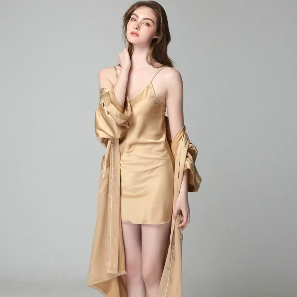 Modest / Simple Gold Wedding Bridal Bridesmaid V-Neck 3/4 Sleeve Silk Robes 2020 Sash