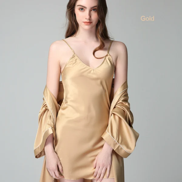 Simple Doré Mariage La Mariée Demoiselle D'honneur V-Cou 3/4 Manches Soie Peignoirs 2020 Ceinture