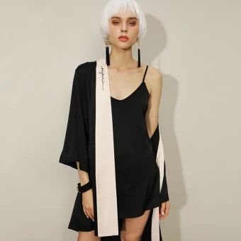 Fashion Black V Neck 3 4 Sleeve Wedding Bridal Bridesmaid Silk Robes 2020 Embroidered Sash