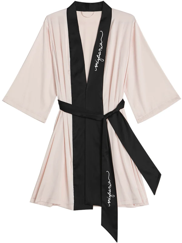 Fashion Black V-Neck 3/4 Sleeve Wedding Bridal Bridesmaid Silk Robes 2020 Embroidered Sash
