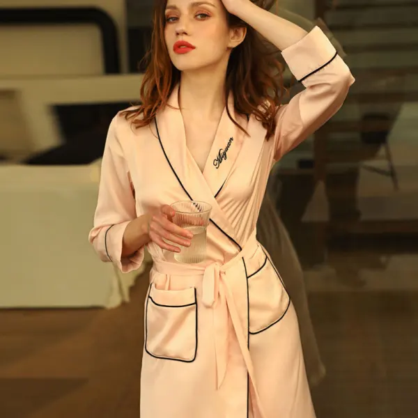 Chic / Beautiful Pearl Pink Wedding Bridal Bridesmaid V-Neck 3/4 Sleeve Silk Robes 2020 Embroidered Sash