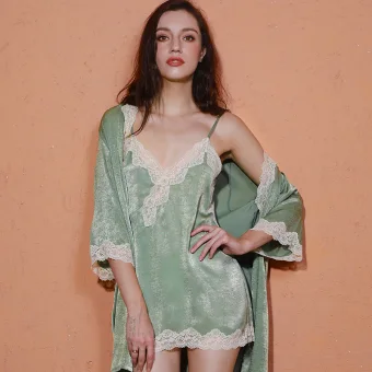 Sexy Sage Green V Neck 3 4 Sleeve Wedding Bridal Bridesmaid Velour Winter Robes 2020 Lace Sash