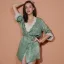 Sexy Sage Green V-Neck 3/4 Sleeve Wedding Bridal Bridesmaid Velour Winter Robes 2020 Lace Sash