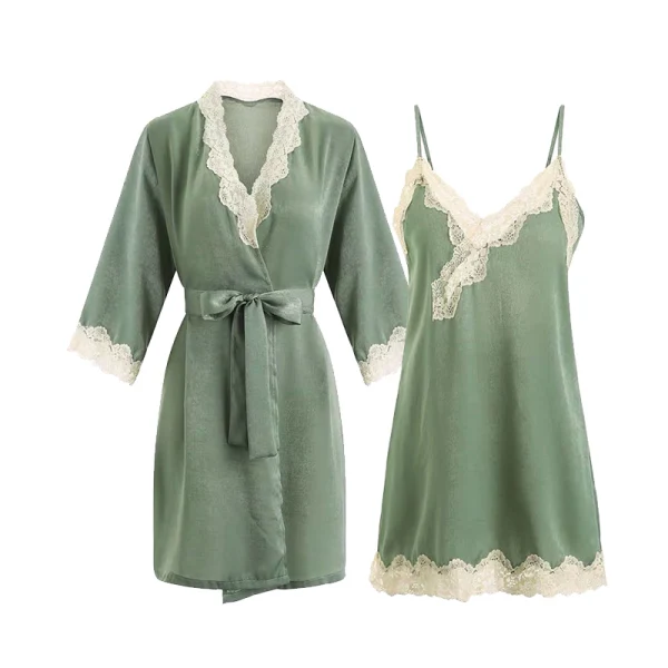 Sexy Sage Green V-Neck 3/4 Sleeve Wedding Bridal Bridesmaid Velour Winter Robes 2020 Lace Sash
