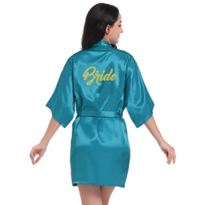 Modest Simple Jade Green Wedding Bridal V Neck 3 4 Sleeve Glitter Silk Robes 2020 Sash