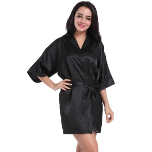 Modest Simple Black Wedding Bridesmaid Printing V Neck 3 4 Sleeve Silk Robes 2020 Sash