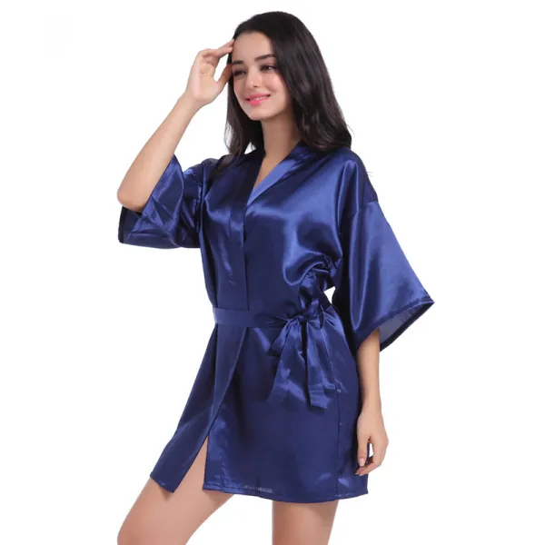 Modest / Simple Navy Blue Wedding Silk Robes 2020 V-Neck 3/4 Sleeve Sash Glitter Mother Of The Bride Dresses