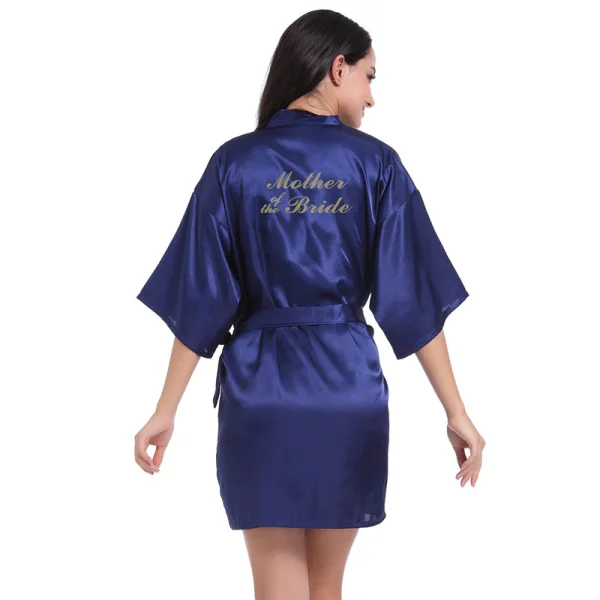 Modest / Simple Navy Blue Wedding Silk Robes 2020 V-Neck 3/4 Sleeve Sash Glitter Mother Of The Bride Dresses