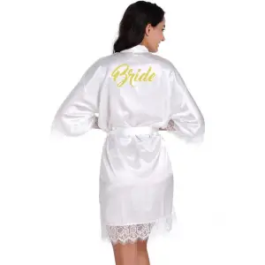 Modest Simple White Wedding Bridal V Neck 3 4 Sleeve Lace Silk Robes 2020 Sash Glitter Printing