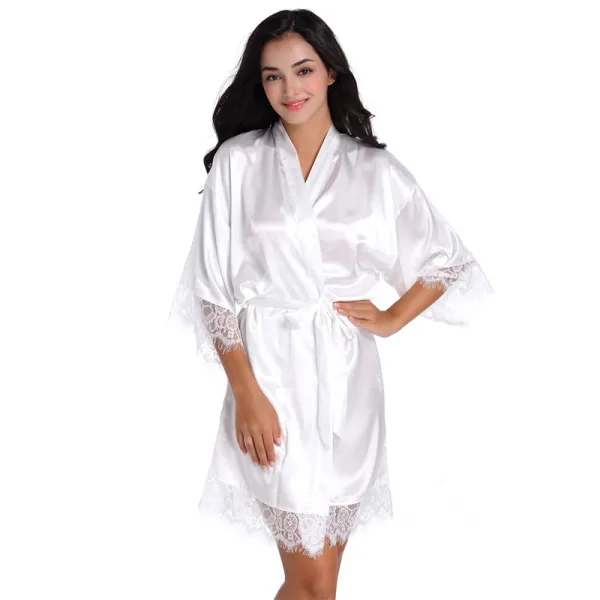 Modest / Simple White Wedding Bridal V-Neck 3/4 Sleeve Lace Silk Robes 2020 Sash Glitter Printing