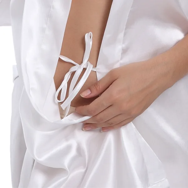 Modest / Simple White Wedding Bridal V-Neck 3/4 Sleeve Lace Silk Robes 2020 Sash Glitter Printing