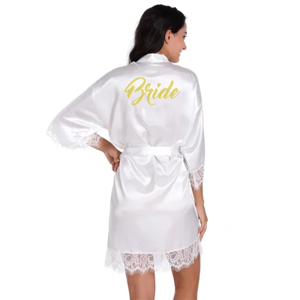Modest / Simple White Wedding Bridal V-Neck 3/4 Sleeve Lace Silk Robes 2020 Sash Glitter Printing