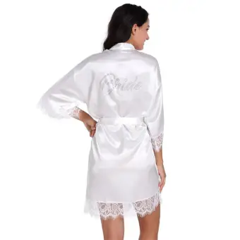Modest Simple White Wedding Bridal V Neck 3 4 Sleeve Lace Silk Robes 2020 Sash Beading Rhinestone