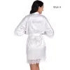 Modest / Simple White Wedding Bridal V-Neck 3/4 Sleeve Lace Silk Robes 2020 Sash Beading Rhinestone
