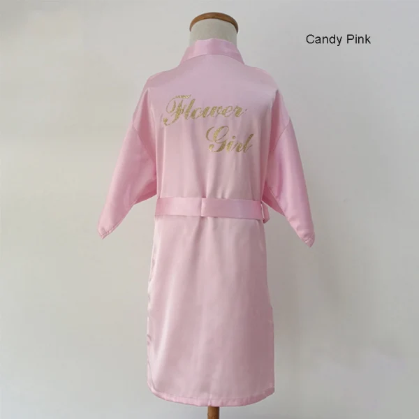 Modest / Simple Pearl Pink Wedding Silk Robes 2020 3/4 Sleeve V-Neck Sash Glitter Printing Flower Girl Dresses
