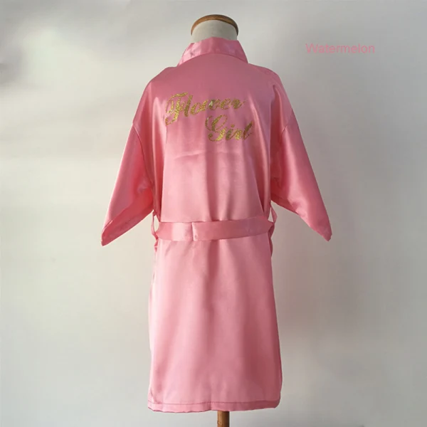 Modest / Simple Pearl Pink Wedding Silk Robes 2020 3/4 Sleeve V-Neck Sash Glitter Printing Flower Girl Dresses