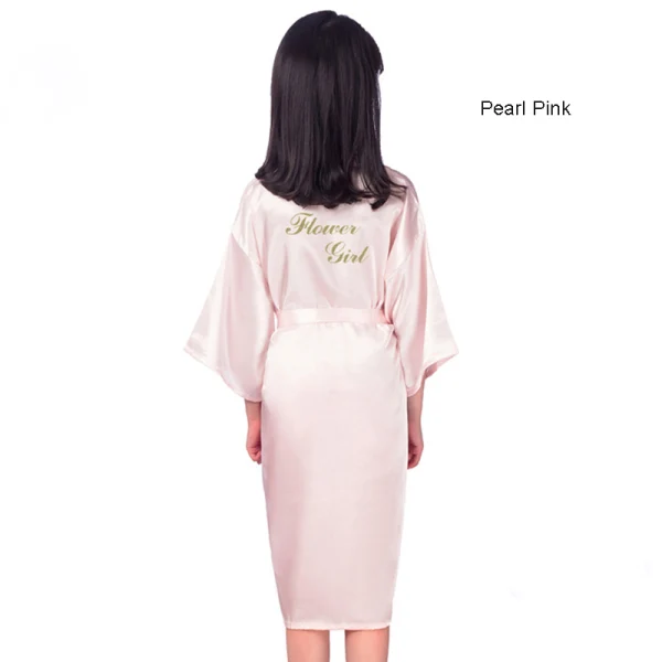 Modest / Simple Pearl Pink Wedding Silk Robes 2020 3/4 Sleeve V-Neck Sash Glitter Printing Flower Girl Dresses