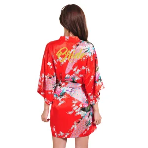 Fancy Red Wedding Bridal Printing Flower Silk Robes 2020 V Neck 3 4 Sleeve Sash