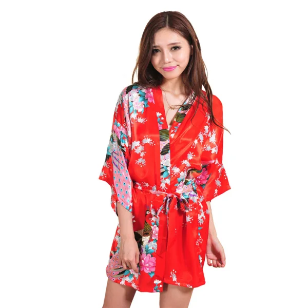 Fancy Red Wedding Bridal Printing Flower Silk Robes 2020 V-Neck 3/4 Sleeve Sash