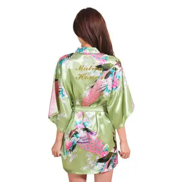 Fantaisie Vert Cendré Mariage Demoiselle D Honneur Impression Fleur Soie Peignoirs 2020 V Cou 3 4 Manches Ceinture