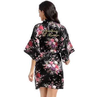 Fancy Black Printing Flower Wedding Silk Robes 2020 V Neck 3 4 Sleeve Sash Mother Of The Bride Dresses