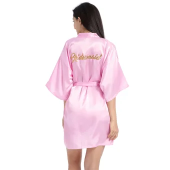 Modest Simple Candy Pink Wedding Bridesmaid V Neck 3 4 Sleeve Silk Robes 2020 Sash Glitter Printing