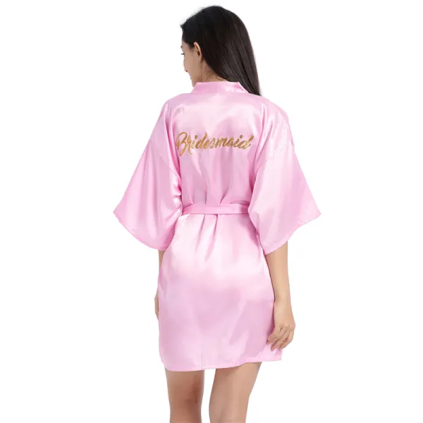 Modest / Simple Candy Pink Wedding Bridesmaid V-Neck 3/4 Sleeve Silk Robes 2020 Sash Glitter Printing