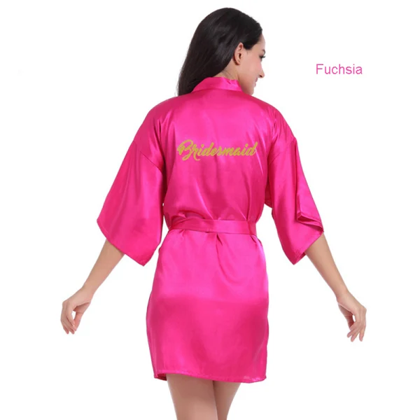 Modest / Simple Candy Pink Wedding Bridesmaid V-Neck 3/4 Sleeve Silk Robes 2020 Sash Glitter Printing