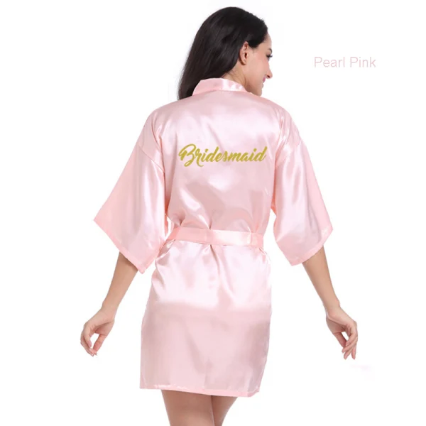 Modest / Simple Candy Pink Wedding Bridesmaid V-Neck 3/4 Sleeve Silk Robes 2020 Sash Glitter Printing