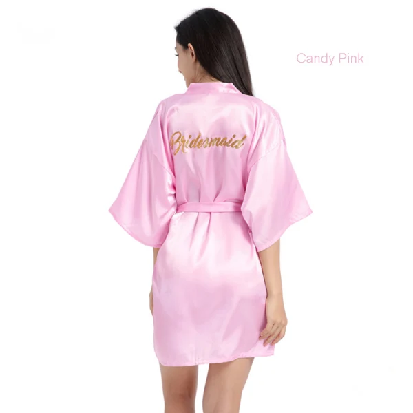 Modest / Simple Candy Pink Wedding Bridesmaid V-Neck 3/4 Sleeve Silk Robes 2020 Sash Glitter Printing