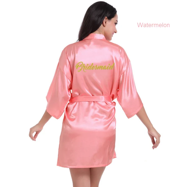 Modest / Simple Candy Pink Wedding Bridesmaid V-Neck 3/4 Sleeve Silk Robes 2020 Sash Glitter Printing