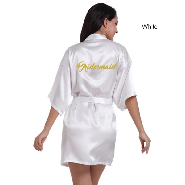 Modest / Simple Candy Pink Wedding Bridesmaid V-Neck 3/4 Sleeve Silk Robes 2020 Sash Glitter Printing