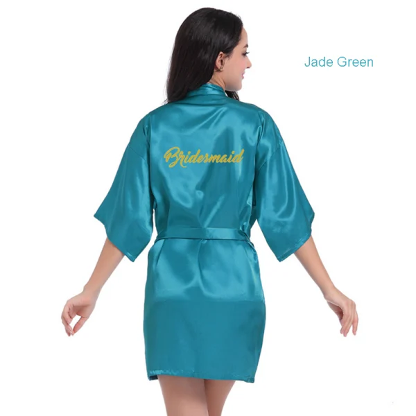 Modest / Simple Candy Pink Wedding Bridesmaid V-Neck 3/4 Sleeve Silk Robes 2020 Sash Glitter Printing