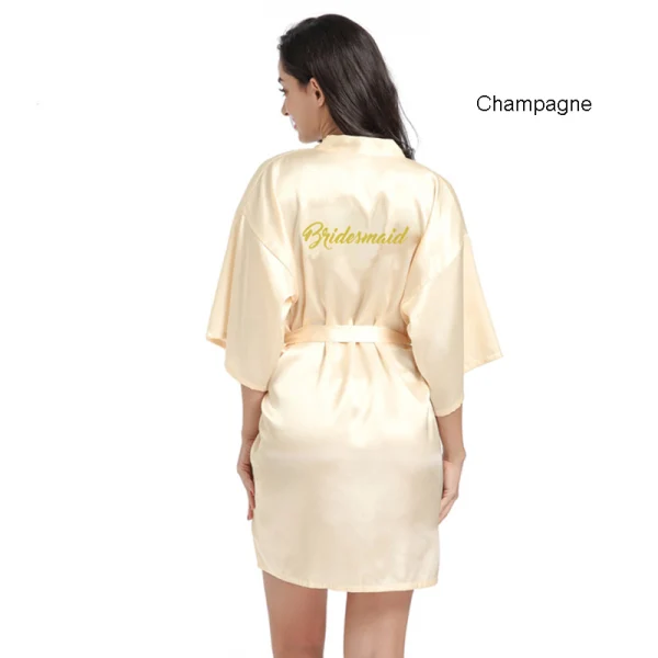 Modest / Simple Candy Pink Wedding Bridesmaid V-Neck 3/4 Sleeve Silk Robes 2020 Sash Glitter Printing