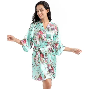 Fantaisie Vert Jade Mariage Demoiselle D Honneur La Mariée Impression Fleur Soie Peignoirs 2020 V Cou 3 4 Manches Ceinture