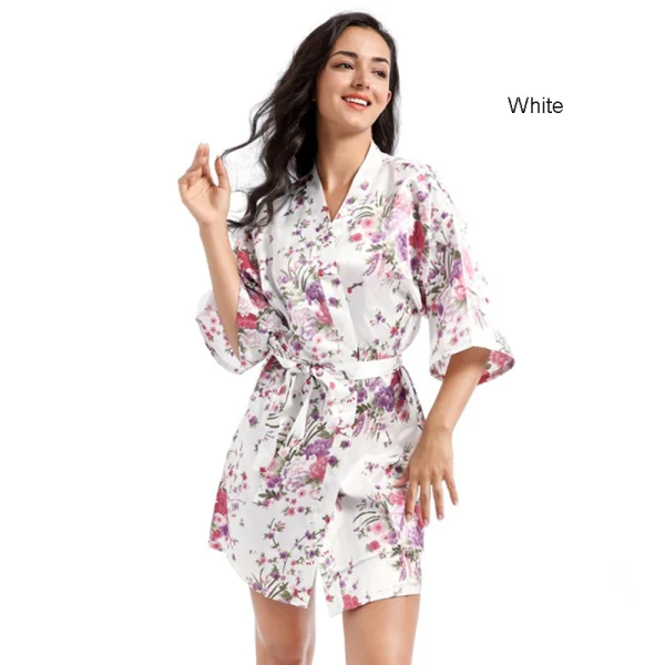 Fancy Jade Green Wedding Bridesmaid Bridal Printing Flower Silk Robes 2020 V-Neck 3/4 Sleeve Sash