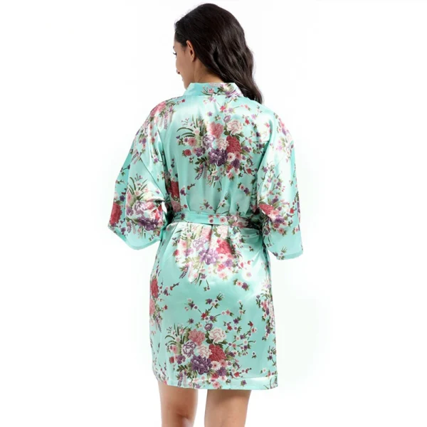 Fancy Jade Green Wedding Bridesmaid Bridal Printing Flower Silk Robes 2020 V-Neck 3/4 Sleeve Sash