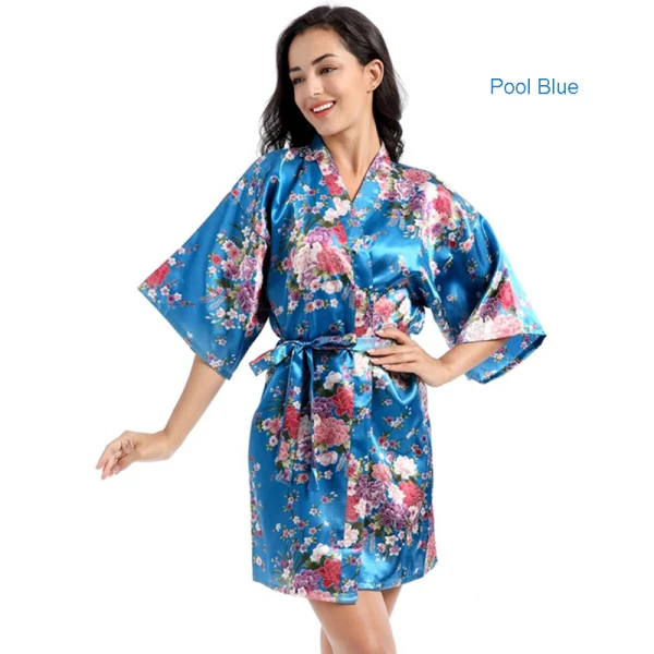 Fancy Jade Green Wedding Bridesmaid Bridal Printing Flower Silk Robes 2020 V-Neck 3/4 Sleeve Sash