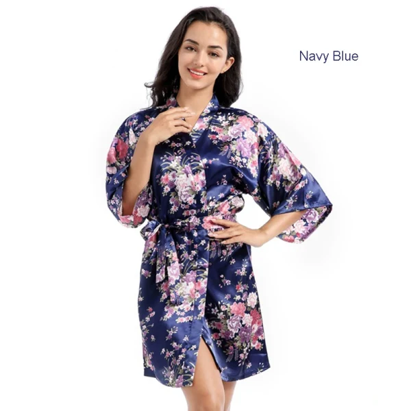 Fancy Jade Green Wedding Bridesmaid Bridal Printing Flower Silk Robes 2020 V-Neck 3/4 Sleeve Sash