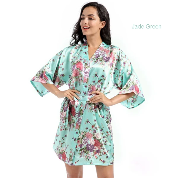 Fancy Jade Green Wedding Bridesmaid Bridal Printing Flower Silk Robes 2020 V-Neck 3/4 Sleeve Sash