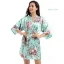 Fancy Jade Green Wedding Bridesmaid Bridal Printing Flower Silk Robes 2020 V-Neck 3/4 Sleeve Sash