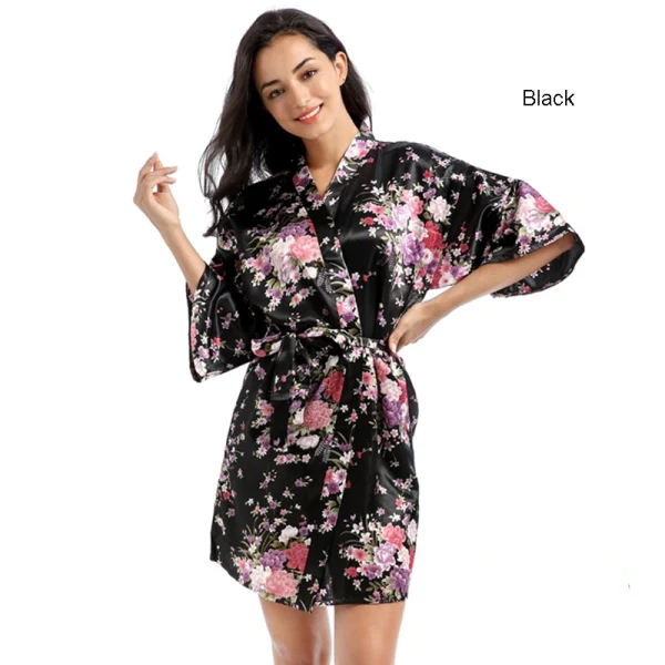 Fancy Jade Green Wedding Bridesmaid Bridal Printing Flower Silk Robes 2020 V-Neck 3/4 Sleeve Sash