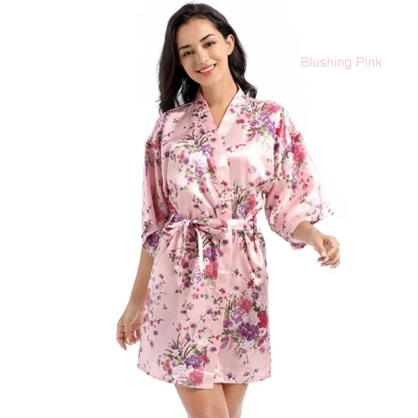 Fancy Jade Green Wedding Bridesmaid Bridal Printing Flower Silk Robes 2020 V-Neck 3/4 Sleeve Sash