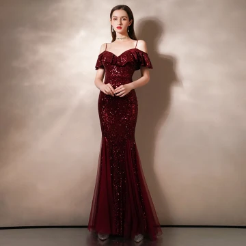 Scintillantes Bordeaux Paillettes Robe De Soirée 2020 Trompette Sirène Bretelles Spaghetti Manches Courtes Longue Volants Dos Nu Robe De Ceremonie