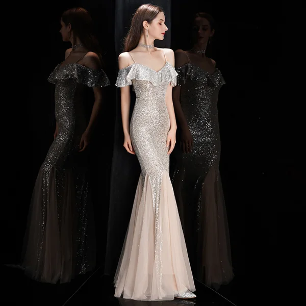 Sparkly Burgundy Sequins Evening Dresses  2020 Trumpet / Mermaid Spaghetti Straps Short Sleeve Floor-Length / Long Ruffle Backless Formal Dresses