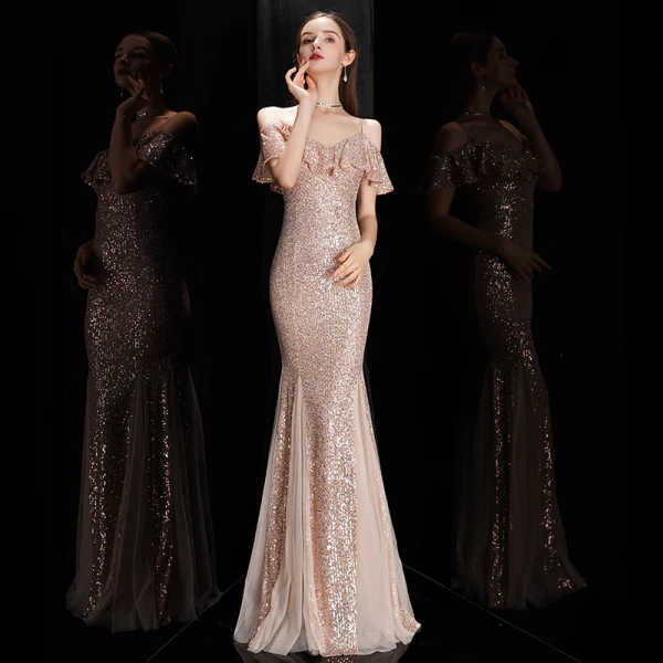Sparkly Burgundy Sequins Evening Dresses  2020 Trumpet / Mermaid Spaghetti Straps Short Sleeve Floor-Length / Long Ruffle Backless Formal Dresses