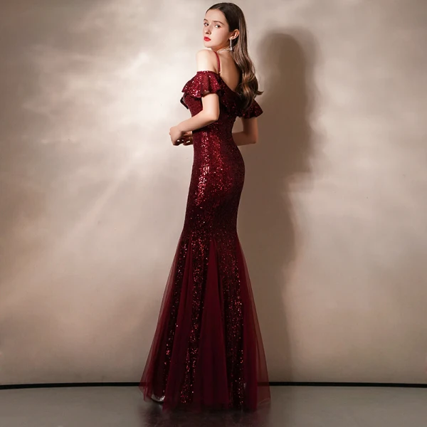 Sparkly Burgundy Sequins Evening Dresses  2020 Trumpet / Mermaid Spaghetti Straps Short Sleeve Floor-Length / Long Ruffle Backless Formal Dresses
